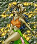  abstract_background anthro blue_hair blue_highlights breasts brown_body brown_fur brown_hair cheek_tuft clothing ear_piercing ear_ring facial_tuft female fur green_eyes hair highlights_(coloring) inner_ear_fluff low_res mammal midriff mouse multicolored_hair murid murine piercing pink_nose rat ring_piercing rodent shirt smile solo sparkles tank_top thick_thighs topwear torn_clothing tuft zab 