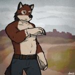  2022 anthro canid canine canis chazthewolf clothed clothing echo_(game) echo_(series) echo_project fur leo_alvarez male mammal orange_eyes partially_clothed red_body red_fur shirtless_male solo video_games visual_novel wolf 