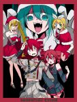  5girls :o ahoge akita_neru alternate_costume bare_shoulders belt black_belt black_shirt black_skirt black_sleeve_cuffs blue_eyes blue_hair bow breast_pocket buttons cape detached_sleeves double-breasted dress drill_hair dual_persona fangs fur-trimmed_cape fur-trimmed_dress fur-trimmed_headwear fur_trim grey_jacket grey_shirt hair_between_eyes hair_bow hair_ribbon hand_on_own_head hat hatsune_miku high_heels highres himatubusiniki jacket kagamine_rin kasane_teto kasane_teto_(sv) layered_sleeves long_sleeves midriff_peek miniskirt multiple_girls open_mouth pleated_skirt pocket pom_pom_(clothes) red_cape red_dress red_eyes red_trim ribbon santa_costume santa_dress santa_hat shirt shoulder_belt shoulder_boards skirt skirt_set sleeveless sleeveless_shirt striped_clothes synthesizer_v teeth thigh_belt thigh_strap tongue twin_drills upper_teeth_only utau vocaloid white_bow white_ribbon 