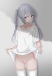  1girl asymmetrical_bangs bangs blush bottomless breasts cleft_of_venus collarbone grey_hair groin highres lifted_by_self long_hair looking_at_viewer mustee no_panties open_mouth parted_bangs pee peeing purple_eyes pussy shadow shirt sidelocks simple_background small_breasts standing t-shirt thighhighs tree_shade twintails uncensored white_background white_shirt white_thighhighs 
