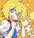  1girl :d alice_margatroid bangs blonde_hair blue_dress blue_eyes blush bright_pupils commentary_request cookie_(touhou) dress hair_intakes ixy looking_at_viewer open_mouth orange_background shirt short_hair smile solo touhou upper_body waving web_(cookie) white_pupils white_shirt 