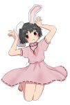  1girl :3 absurdres animal_ears barefoot black_hair carrot_necklace dress highres inaba_tewi jewelry kashiwa_kona necklace pink_dress rabbit_ears rabbit_girl rabbit_tail red_eyes ribbon_trim short_hair simple_background solo tail toes touhou white_background 