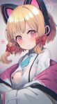  @_@ animal_ear_headphones bangs blonde_hair blue_archive blue_necktie blush bow cat_ear_headphones cat_tail collared_shirt hair_bow halo headphones highres hood hooded_jacket jacket momoi_(blue_archive) multicolored_clothes multicolored_jacket necktie open_clothes parted_bangs pink_eyes saebashi shirt suspenders sweat tail thighhighs wide_sleeves 