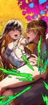  1boy 1girl absurdres ass blonde_hair bottomless breasts bulge chainsaw_man colorful_background denji_(chainsaw_man) elbow_gloves erection erection_under_clothes erupusai2 gloves hand_on_another&#039;s_hip highres long_hair looking_at_another open_mouth scar scar_on_face sitting sitting_on_lap sitting_on_person sweat tank_top thighs wet wet_clothes yoru_(chainsaw_man) 