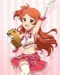  1girl arm_up armpits bare_shoulders bell bikini blush bow collarbone concept_maihime_(idolmaster) dot_nose elbow_gloves frilled_gloves frilled_shirt frilled_skirt frills gloves hair_bell hair_ornament hair_ribbon halter_shirt halterneck hip_vent holding idolmaster idolmaster_million_live! idolmaster_million_live!_theater_days jingle_bell jumping long_hair looking_at_viewer midriff miniskirt navel neck_bell non-web_source nontraditional_miko official_alternate_costume official_art ogami_tamaki open_mouth orange_eyes orange_hair pink_background pink_bikini pink_ribbon pink_skirt pleated_skirt ribbon ribbon-trimmed_gloves ribbon-trimmed_shirt ribbon-trimmed_thighhighs ribbon_trim shirt side-tie_bikini_bottom side_ponytail sidelocks skirt sleeveless sleeveless_shirt solo star_(symbol) swimsuit teeth thighhighs upper_teeth_only waist_bow white_gloves white_thighhighs wooden_box 