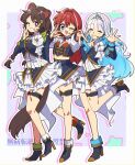 3girls ange_katrina animal_ears arm_behind_back armband artist_name asymmetrical_footwear between_legs blue_armband blue_boots blue_capelet blue_eyes blue_hair blue_jacket blue_shirt blue_skirt blue_sleeve_cuffs boots border bow braid breasts bright_pupils brown_hair brown_tail capelet closed_eyes closed_mouth collared_shirt colored_inner_hair commentary_request cropped_jacket crossed_bangs cup_hair_ornament dog_ears dog_girl dog_tail drop_shadow earrings feather_earrings feathers flat_chest fold-over_boots frilled_shirt frilled_skirt frills gold_trim green_sleeve_cuffs gyaru_v hair_bow hair_intakes hair_ornament hand_up hands_up headset high_heel_boots high_heels highres idol_clothes inui_toko inward_v jacket jewelry layered_shirt layered_skirt leg_up lize_helesta long_hair long_sleeves looking_at_viewer low_twin_braids medium_breasts midriff miniskirt multicolored_hair multiple_girls nijisanji nijisanji_idol_uniform one_eye_closed open_mouth outline outside_border purple_background red_capelet red_eyes red_hair sanbaka_(nijisanji) shirt short_hair sidelocks silver_tiara skirt sleeve_cuffs small_breasts smile spread_fingers standing standing_on_one_leg star_(symbol) star_symbol_background streaked_hair style_request tail tail_between_legs thigh_strap three_quarter_view tiara triangle_mouth twin_braids two-sided_capelet two-tone_hair v v_over_eye v_over_mouth very_long_hair virtual_youtuber watermark waving white_border white_bow white_hair white_outline white_pupils white_shirt white_skirt yaguyaguchii 