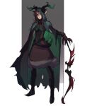  1girl absurdres alessa_lucrasse animal_ears antlers antlers_through_headwear arrow_(projectile) black_cape bow_(weapon) brown_dress brown_gloves brown_hair cape closed_mouth distr dress ears_through_headwear facial_mark full_body gloves green_cape green_eyes highres holding holding_bow_(weapon) holding_weapon hood hood_up hooded_cape looking_at_viewer original quiver solo standing two-sided_cape two-sided_fabric weapon 