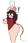  anthro bottomless bottomless_female butt clothed clothing digitalpelican exclamation_point eyewear female freckles glasses hi_res mammal mouse murid murine rodent shirt solo tina_(digitalpelican) topwear 