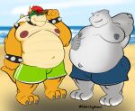  absurd_res anthro barazoku beach belly big_belly big_butt big_navel bowser butt claws clothing collar duo eyewear eyewear_on_head fish grey_body hair hand_behind_head hi_res horn looking_at_viewer male marine mario_bros nintendo nipples overweight overweight_anthro overweight_male red_hair sea seaside shark shell shirtless shirtless_male smile snaggle_tooth spikes sunglasses sunglasses_on_head swimming_trunks swimwear teeth thirstydraws toe_claws video_games water yellow_body 