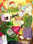  2022 2girls 3boys absurdres alternate_costume annoying_dog blue_skin cake christmas christmas_tree colored_skin dated food ghost goat_girl green_sweater hat highres holding holding_cake holding_food multiple_boys multiple_girls napstablook papyrus_(undertale) sans_(undertale) santa_hat skeleton smile sweater tama_(tamafuku08) teeth toriel undertale undyne white_fur 