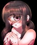  1girl :d azen_(mntimcczgrtn) black_background blood blood_on_face blood_on_hands blood_splatter bloodshot_eyes brown_hair completely_nude cyclops eye_focus highres looking_at_viewer low_twintails nude one-eyed original own_hands_together parted_lips pink_eyes simple_background smile solo twintails 