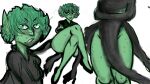  crossed_arms crossed_legs female freckles goblin green_body green_hair green_skin hair hi_res humanoid humanoid_pointy_ears one-punch_man one_(manga) pineathyl sharp_teeth slit_dress solo tatsumaki teeth thick_thighs 