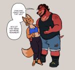  anthro armband_tattoo big-daryl_(fursona) bottomwear canid canine clothed clothing cutoffs denim denim_clothing dialogue diane_foxington dickarmdaryl_(artist) digital_media_(artwork) dreamworks duo duo_focus ear_piercing female flirting fox group holding_partner leggings legwear looking_at_another male male/female mammal piercing shorts size_difference speech_bubble talking_to_another the_bad_guys topwear trans_(lore) trans_man_(lore) 