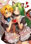  1boy 1girl animal_ears apron bangs black_dress blonde_hair blue_bow blue_bowtie blush bow bowtie brown_eyes cat_ears cat_tail choker cowboy_shot crossdressing dress fake_animal_ears fake_tail green_eyes green_hair hair_between_eyes hair_ribbon heart heart_hands higurashi_no_naku_koro_ni houjou_satoshi long_hair maid_apron nuancho one_eye_closed parted_bangs puckered_lips puffy_short_sleeves puffy_sleeves rabbit_ears rabbit_tail ribbon short_dress short_hair short_sleeves sonozaki_shion sparkle sweatdrop tail v white_apron white_background yellow_ribbon 