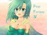  1girl aged_up breasts cape cleavage copyright_name earrings final_fantasy final_fantasy_iv green_eyes green_hair jewelry long_hair looking_at_viewer rydia_(ff4) simple_background smile solo yuzuki_(white_snow) 