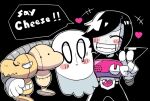  2boys androgynous black_hair closed_eyes creature dummy dummy_(undertale) english_text ghost grin mad_dummy_(undertale) mettaton mettaton_ex multiple_boys napstablook no_humans one_eye_closed robot_boy smile speech_bubble teeth terada_tera undertale v 
