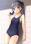  1girl against_wall blue_one-piece_swimsuit brown_eyes commentary_request competition_school_swimsuit cowboy_shot flat_chest grey_hair highres holding holding_hair long_hair looking_at_viewer new_school_swimsuit original school_swimsuit shibacha solo standing swimsuit tile_wall tiles twintails 