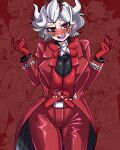  1girl beelzebub_(helltaker) blush bow bowtie breasts crazy_agong demon_girl demon_horns formal freckles gloves helltaker highres horns large_breasts looking_at_viewer red_bow red_eyes red_gloves red_suit short_hair solo suit white_hair 