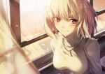  1girl antenna_hair arcueid_brunestud bangs blonde_hair blush breasts closed_mouth commentary_request day hair_intakes highres jewelry large_breasts light_particles light_rays long_sleeves looking_at_viewer melty_blood necklace red_eyes satsuki_(satsuki_art) short_hair smile solo sunlight sweater tsukihime tsukihime_(remake) turtleneck type-moon upper_body white_sweater 