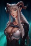  1girl breasts distr dungeons_and_dragons green_eyes grey_hair head_tilt highres horns large_breasts long_hair long_neck looking_at_viewer parted_lips pointy_ears shrug_(clothing) signature smile solo tiefling upper_body very_long_hair 
