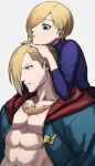  1boy 1girl abs bare_pectorals blonde_hair blue_shirt blue_sweater closed_mouth commentary_request ed_(street_fighter) falke_(street_fighter) from_side green_lips hair_over_one_eye hands_on_another&#039;s_head highres hood hood_down hoodie jewelry lipstick looking_ahead looking_at_another looking_down makeup matapon_(popoponex) multicolored_hoodie necklace one_eye_covered open_clothes open_hoodie parted_hair pectorals profile ribbed_sweater shirt sideburns simple_background street_fighter street_fighter_6 street_fighter_v sweater turtleneck turtleneck_sweater unzipped upper_body white_background zipper 