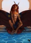  ambiguous_gender classical claws deity demon detailed_background diorionarh feathered_wings feathers fur hi_res horn humanoid inside looking_at_viewer male muscular muscular_male mythology paws relaxing renaissance simple_background smile solo tail_motion tailwag unknown_species water wings 