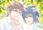  2boys black_hair blue_eyes brown_hair close-up collared_shirt final_fantasy final_fantasy_xv food fruit fruit_tree glasses green_eyes hair_between_eyes hand_to_own_mouth hinoe_(dd_works) ignis_scientia lemon looking_at_viewer looking_back male_focus multiple_boys noctis_lucis_caelum outdoors parted_lips shirt short_hair smile spiked_hair tree upper_body white_shirt 