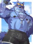  absurd_res anthro biceps blue_body blue_fur blush bottomwear canid canine canis clothing eyewear fur hi_res jewelry lifewonders looking_at_viewer male mammal musclegut necklace nipples pecs peekeroro shorts solo sunglasses tindalos_(tas) tokyo_afterschool_summoners video_games wolf 
