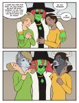absurd_res anthro arm_around_shoulders bonnymama7 bovid bovine brown_hair canid canine canis cattle clothed clothing comic dialogue elphaba_(bonnymama7) english_text eyewear female female/female fully_clothed fur green_body green_skin grey_body grey_fur group hair hat headgear headwear hi_res horn human human_costume human_on_anthro interspecies jewelry magic_user mammal red_hair smile speech_bubble sunglasses text throuple trio unzipped wide_eyed witch witch_hat wolf zipper