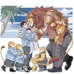  anthro arm_tattoo baby beard belt big_bulge big_muscles big_pecs black_hair bottomwear brown_hair brown_mane bulge chan_kiti_chan_(artist) clothing diaper eye_contact facial_hair family father father_and_child father_and_son felid fur group hair hi_res holding_partner human human_on_anthro interspecies larger_anthro larger_male lion looking_at_another male male/male mammal mane muscular muscular_anthro muscular_male overalls palm_tree pantherine pants parent parent_and_child pecs plant romantic romantic_couple shirt shirtless shoulder_tattoo size_difference smaller_human smaller_male son tattoo topwear tree white_body white_fur yellow_body yellow_fur young 