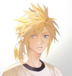  1boy aged_down black_shirt blonde_hair blue_eyes cloud_strife final_fantasy final_fantasy_vii final_fantasy_vii_remake hair_between_eyes highres layered_shirt looking_to_the_side low_ponytail male_focus medium_hair official_alternate_costume portrait shirt solo spiked_hair white_background white_shirt xianyu314 