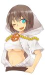  1girl :d acheru_maru bangs beads blue_eyes blush breasts brown_hair coat commentary_request hooded_coat jewelry looking_at_viewer medium_breasts necklace one_eye_closed open_mouth prayer_beads ragnarok_online sarashi short_hair simple_background smile solo sura_(ragnarok_online) transparent_background underboob upper_body white_coat 