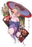  1girl 2025 absurdres bamboo bare_legs barefoot blonde_hair blue_kimono breasts cleavage collarbone cup food from_above hagoita hane_(hanetsuki) happy_new_year highres horns hoshiguma_yuugi hoshiguma_yuugi_(kimono) japanese_clothes juubako kadomatsu kamaboko kimono large_breasts legs looking_at_viewer mochi mont_blanca nail_polish new_year octopus_(food) off_shoulder oil-paper_umbrella oni osechi paddle ponytail red_eyes sakazuki shrimp single_horn sitting solo spread_toes toenail_polish toenails toes tokkuri touhou umbrella zoom_layer zouni_soup 