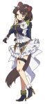  1girl animal_ears arm_behind_back artist_name asymmetrical_footwear between_legs blue_boots blue_jacket blue_skirt boots bow braid breasts bright_pupils brown_hair brown_tail closed_mouth collared_shirt commentary_request cropped_jacket cup_hair_ornament dog_ears dog_girl dog_tail fold-over_boots frilled_shirt frilled_skirt frills full_body gold_trim green_sleeve_cuffs hair_bow hand_up headset high_heel_boots high_heels highres idol_clothes inui_toko jacket layered_skirt long_hair long_sleeves looking_at_viewer low_twin_braids medium_breasts miniskirt nijisanji nijisanji_idol_uniform one_eye_closed red_eyes shirt simple_background skirt sleeve_cuffs smile solo standing standing_on_one_leg style_request tail tail_between_legs thigh_strap three_quarter_view twin_braids v very_long_hair virtual_youtuber white_background white_bow white_pupils white_shirt white_skirt yaguyaguchii 
