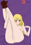  1girl artist_request blonde_hair breasts brown_eyes cum cum_in_pussy fairy_tail large_breasts long_hair looking_at_viewer lucy_heartfilia nipples non-web_source nude patreon_logo patreon_username purple_background pussy self_upload simple_background socks solo 