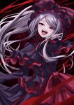  1girl :d absurdres bangs black_bow black_dress blood bow cowboy_shot dress fangs grey_hair hair_bow hand_up highres karadborg long_hair long_sleeves looking_at_viewer nail_polish open_mouth overlord_(maruyama) red_background red_bow red_dress red_eyes red_nails shalltear_bloodfallen smile solo teeth tongue two-tone_dress upper_teeth vampire very_long_hair 