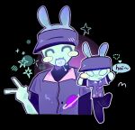  1boy :3 alien alienposting_(meme) aqua_skin black_pants blush_stickers colored_skin elliot_(roblox) english_text forsaken_(roblox) hand_up kowa22_u meme multiple_views pants purple_shirt purple_visor roblox shirt speech_bubble v 