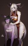  2girls ahoge bangs bare_arms bare_shoulders black_hair blue_eyes blunt_bangs blush breasts brown_background chest_sarashi cleavage closed_eyes closed_mouth colored_skin distr draenei dress grey_skin highres horns large_breasts leaning_forward long_hair massage medium_breasts multiple_girls navel open_mouth pelvic_curtain priest_(warcraft) purple_skin red_dress sarashi shoulder_massage simple_background smile underboob warcraft white_hair world_of_warcraft 