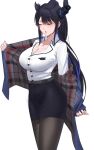  1girl absurdres asymmetrical_horns black_hair black_horns black_pantyhose black_skirt blue_hair blue_jacket breasts chantu_irasu cleavage closed_eyes colored_inner_hair earrings flower highres hololive hololive_english horn_flower horns huge_breasts jacket jewelry large_breasts miniskirt multicolored_hair necklace nerissa_ravencroft nerissa_ravencroft_(casual) office_lady official_alternate_costume official_alternate_hairstyle open_mouth pantyhose pencil_skirt ponytail removing_jacket shirt simple_background skirt solo virtual_youtuber white_background white_shirt 
