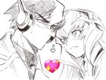  !? 1boy 1girl blush collared_shirt emoji fang fang_out frown genderswap genderswap_(mtf) hair_ornament heart humanization jacket koooogasya long_hair looking_down megatron multicolored_hair optimus_prime shirt sparkle streaked_hair transformers transformers_prime v-shaped_eyebrows white_background 