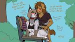  anthro bird_dog blush breasts canid canine canis clothed clothing collar dialogue domestic_dog duo fakeryway felid feline female golden_retriever hi_res hunting_dog hybrid lynx male male/female mammal public retriever sex tail_around_partner text torn_clothing 
