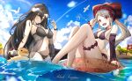  2girls :d absurdres ahoge albedo_(overlord) animal bangs bare_shoulders bikini bird black_bikini black_bow blue_sky blush boat bow breasts brown_hair cleavage cloud demon_girl detached_sleeves eclair_ecleir_eicler fang fingernails grey_hair hair_bow happy highres horns humany innertube jewelry knees_up large_breasts long_hair medium_breasts multiple_girls navel ocean overlord_(maruyama) penguin ponytail red_bow ring rubber_duck see-through shalltear_bloodfallen sharp_fingernails shiny shiny_hair skull_print sky smile soaking_feet stomach swimsuit wading water watercraft 