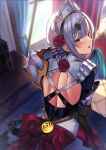  1girl armor back bangs blunt_bangs blurry blurry_background commentary_request flower from_behind genshin_impact green_eyes grey_hair hair_flower hair_ornament indoors looking_at_viewer looking_back noelle_(genshin_impact) parted_lips red_flower red_rose rose shiny shiny_hair short_hair solo sweat unowen vision_(genshin_impact) window 