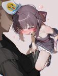  1boy 1girl absurdres bare_legs bare_shoulders blunt_bangs blush bow brown_hair bulge commentary crying_emoji dress emoji english_commentary erection erection_under_clothes faceless faceless_male fallenshadow fallenshadow_(1st_costume) from_above grey_background hair_bow heart hetero highres indie_virtual_youtuber medium_hair meme off-shoulder_dress off_shoulder open_mouth paid_reward_available panties pantyshot paper_on_head pink_eyes red_bow short_dress simple_background smile three_quarter_view underwear uohhhhhhhhh!_(meme) virtual_youtuber white_panties yoko-chan_(mijizukeyoko) 