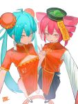  2girls alternate_costume black_pants black_shoes blue_hair blue_nails breasts bright_pupils china_dress chinese_clothes cleavage cleavage_cutout clothing_cutout dress drill_hair earrings fang fingernails full_body hat hatsune_miku highres jewelry kasane_teto lewenxijian long_hair long_sleeves mary_janes mole multiple_girls odochina_(vocaloid) ofuda ofuda_on_head open_mouth pants red_eyes shirt shoes short_sleeves skin_fang small_breasts smile standing thighs twin_drills twintails utau very_long_hair vocaloid w white_pupils white_shirt 