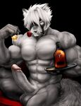  abs absurd_res alcoholic_drink anthro biceps dynafurryart flower genitals hi_res invalid_tag male mihoyo muscular pecs penis plant rose_(flower) solo tail von_lycaon zenless_zone_zero 