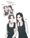  2girls animal_ear_hairband animal_ears bandana bandana_around_neck black_eyes black_hair brown_eyes brown_hair cat_ears collared_shirt commentary_request fake_animal_ears friendly_rivalry green_necktie green_skirt green_vest hairband highres kiss kissing_cheek korean_commentary korean_text locked_arms long_hair long_sleeves low_ponytail multiple_girls necktie omegiricecake pink_bandana ponytail shirt skirt smile translation_request vest white_shirt woo_seul-gi yoo_je-i yuri 