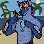 anthro beach blue_body blue_fur canid chazthewolf food fur ice_cream_cone looking_at_viewer male mammal seaside shirtless_male solo tindalos_(tas) 