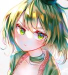  1girl closed_mouth collarbone green_eyes green_hair itsumizu jewelry looking_at_viewer necklace short_hair simple_background soga_no_tojiko solo touhou upper_body v-shaped_eyebrows white_background 