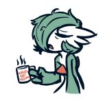  1:1 3_fingers advos ambiguous_gender anthro beverage coffee_mug container cup digital_media_(artwork) english_text eyes_closed fingers gardevoir generation_3_pokemon green_body green_hair hair hi_res holding_object nintendo not_furry open_mouth pokemon pokemon_(species) simple_background solo text text_on_mug video_games 